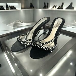VNTG Women’s Slip-ons Marichi Mani Black Silver Rhinestone Slides Heels Sandals